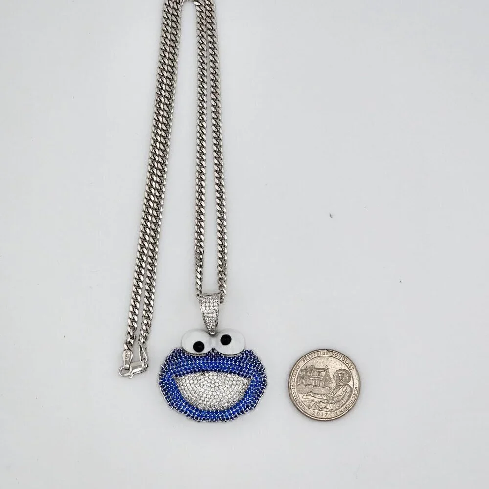 Brand New Sterling Silver 925 Cookie Monster Necklace